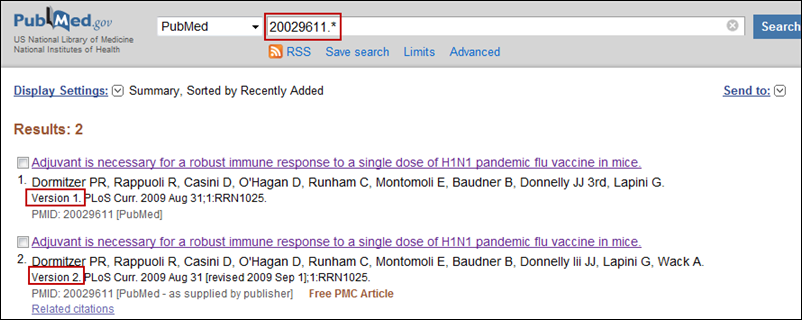 Screen capture of Searching for all previous versions of a citation.