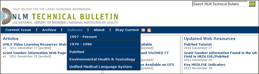 Screen capture of  Indexes and articles about PubMed, Environmental Health & Toxicology, and Unified Medical Language System.