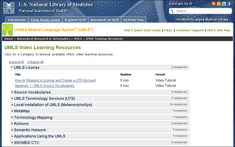 Screen capture of umls video resources web page.