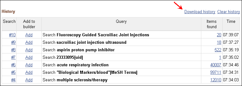 Screen capture of PubMed Advanced History with a Download history link