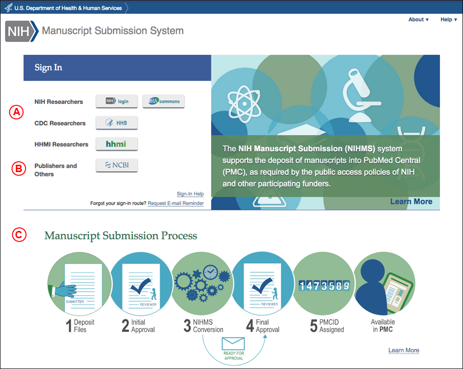 screen shot of NIHMS homepage