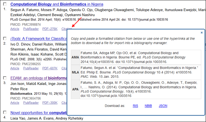 Citation Box displayed on Search Results page.