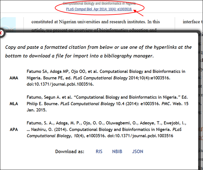 Citation box displayed in PubReader view (by clicking on hyperlinked citation at top of page).