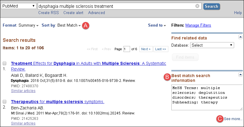 screenshot of the PubMed results page sorted by Best Match
