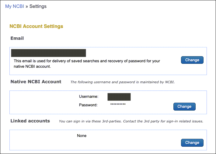 screenshot of NCBI account settings page.
