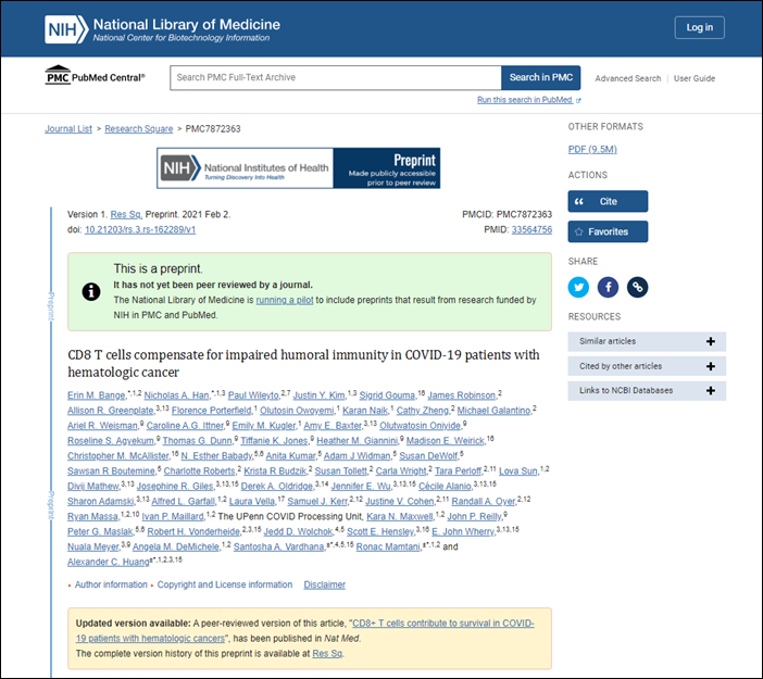 screenshot of preprint record in PubMed Central.