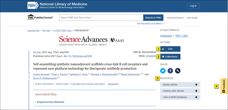 screenshot of PMC website displaying an example article; the Cite, Collections, and Resources features are numbered