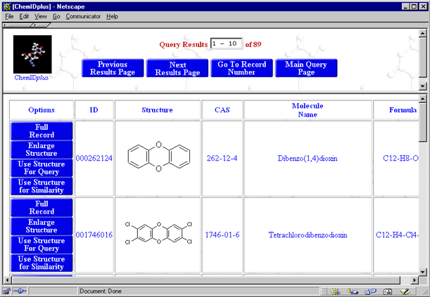 Figure 12 - Dibenzodioxin Substructure Query Results Page