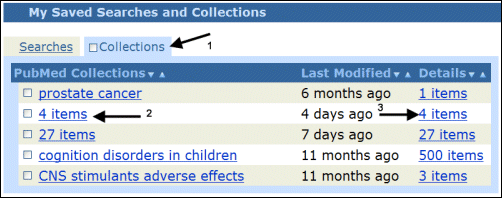My NCBI Collection screen pointing out the 1) Collections tab, 2) collection names, and 3) collection Details.