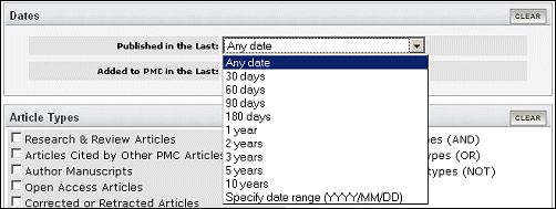 Dates pull-down menu.