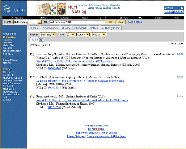 Screen capture of the NLM Catalog results screen, IHM Records are identified by the phrase [Still Image].