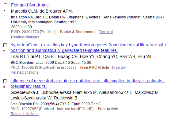 Screen capture of PubMed Summary display.
