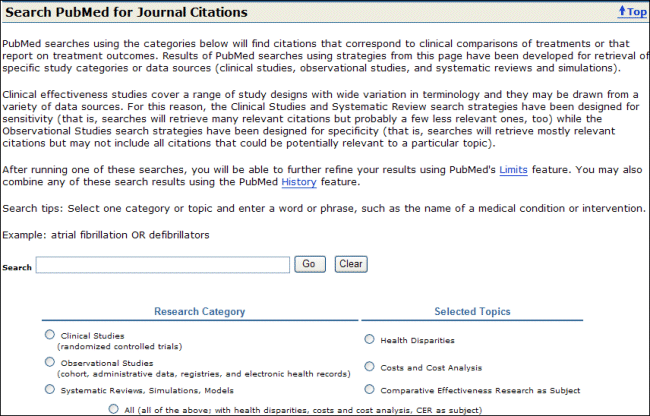 Screen capture of Search Box for PubMed CER searches.