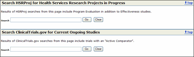 Screen capture of Search Boxes for HSRProj and ClinicalTrials.gov CER searches.