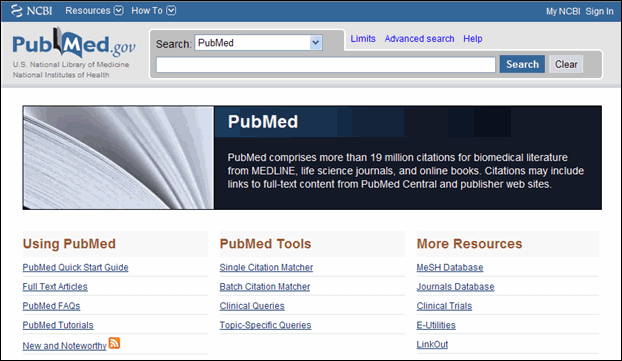Screen capture of New PubMed Homepage (without footer).