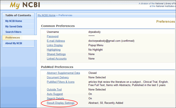 Screen capture of PubMed Preferences in My NCBI.