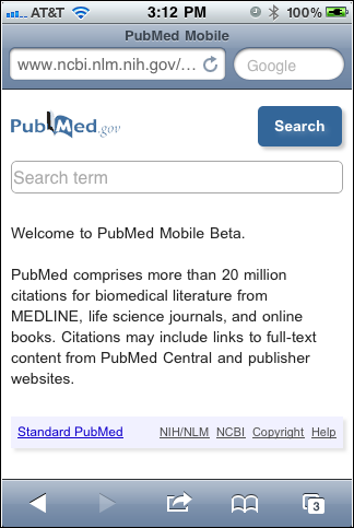 Screen capture of PubMed Mobile homepage.