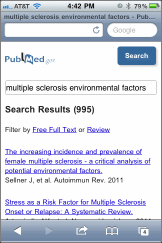 Screen capture of PubMed Mobile summary results.