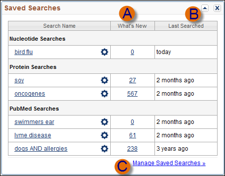 Screen capture of Saved Searches window.