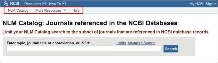 Screen capture of the New navigation bar on the NLM Catalog Journals page.