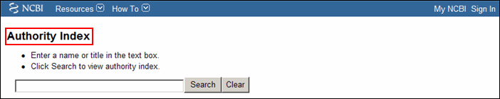 Screen capture of the NLM Catalog Authority Index