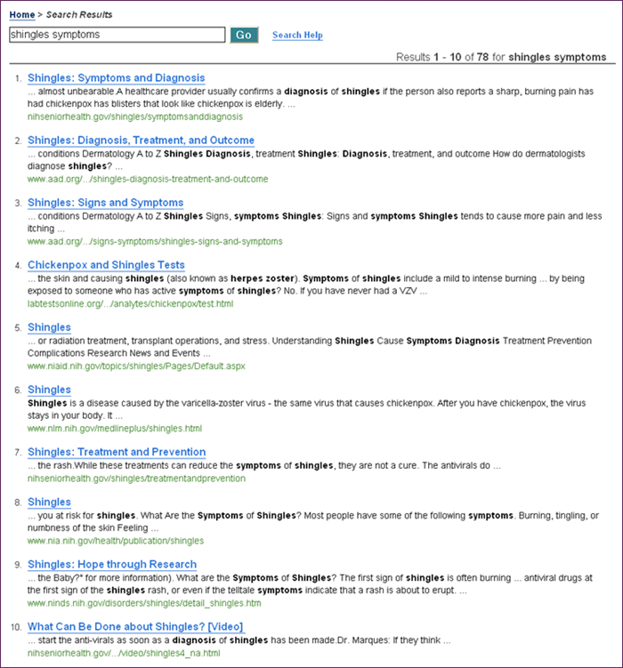 Screen capture of Top 10 Results for a Search of shingles symptoms