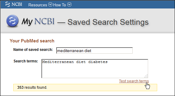 Screen capture of Saved search terms modified and tested in PubMed.