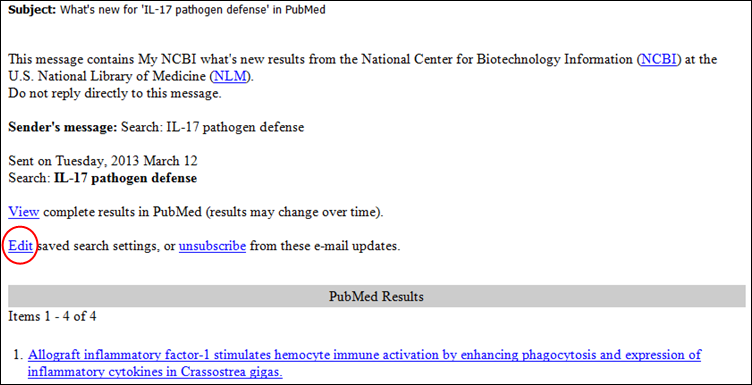 Screen capture of My NCBI automatic e-mail update message with modified links.