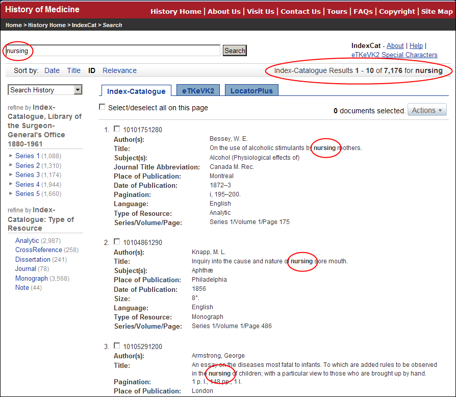 Screen capture of Keyword searching using the term nursing.