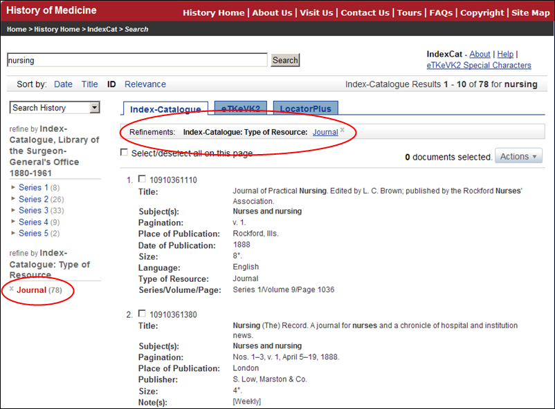 Screen capture of Refining keyword search results by Index-Catalogue: Type of Resource:  Journal.