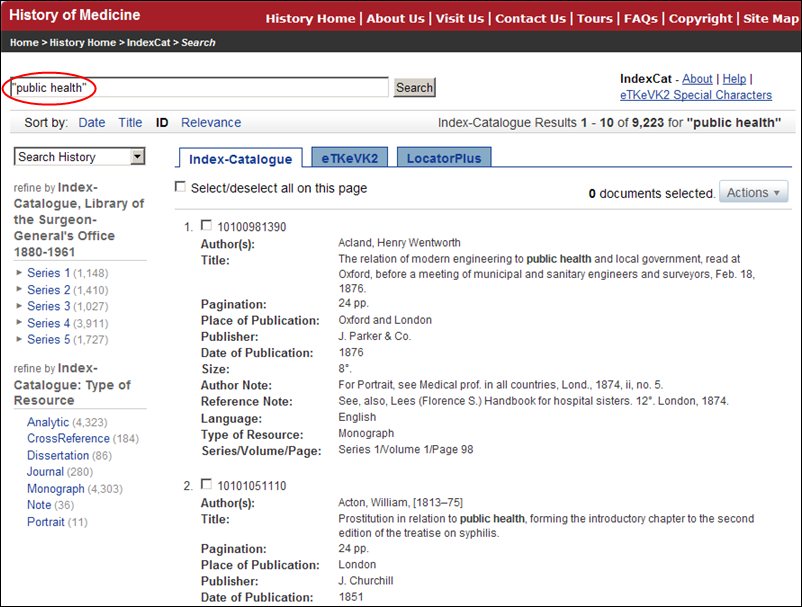 Screen capture of IndexCat phrase searching:  use quotes around public health.