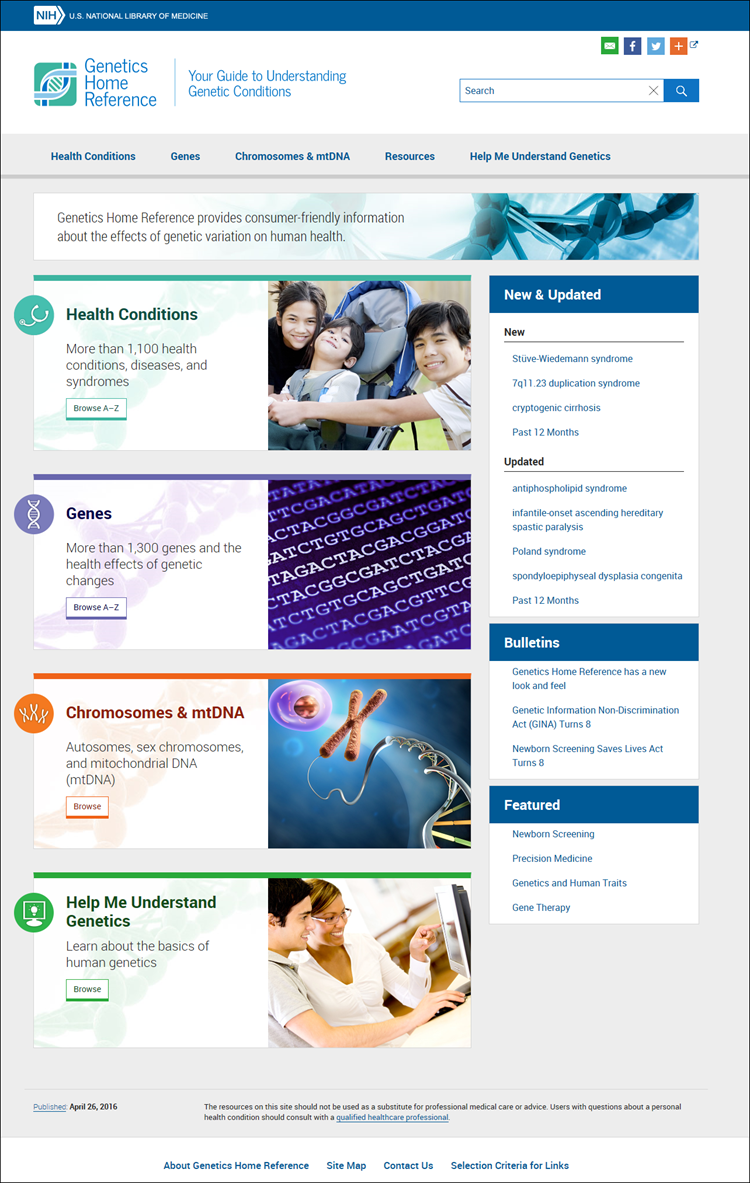 screen shot of Redesigned Genetics Home Reference homepage