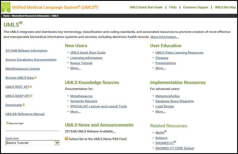 screen shot of  Previous UMLS homepage