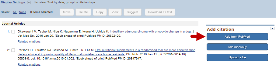 screen shot of Add from PubMed button