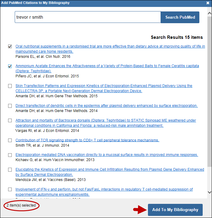 screen shot of Select PubMed citations to add to collection