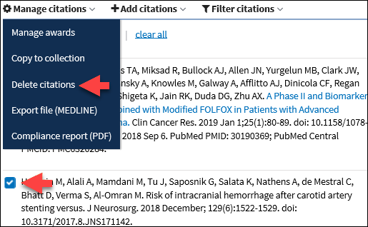 In the Manage Citations menu click Delete Citations to remove the selected citations