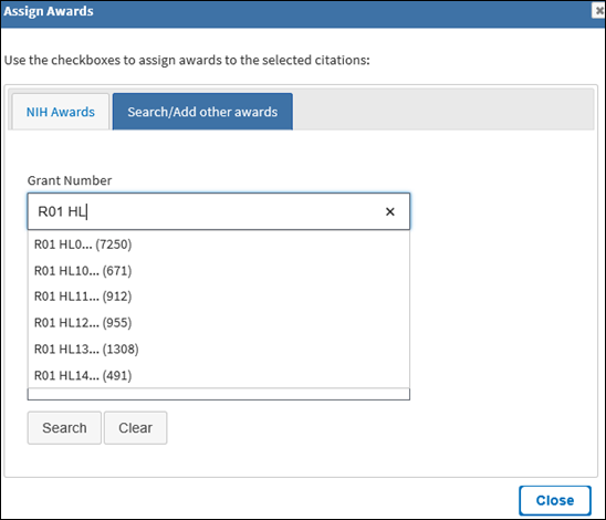 The Search/Add other awards tab in the Assign Awards screen allows for searching by grant number