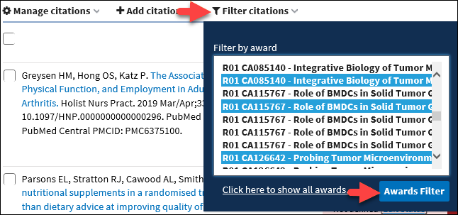Click Filter Citations to restrict display to citations associated with particular grants
