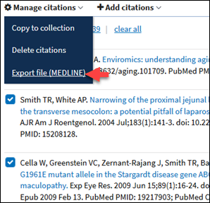 Under Manage Citations you can select Export file (MEDLINE) to download citations
