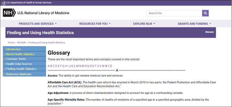 Glossary. Screenshot of glossary