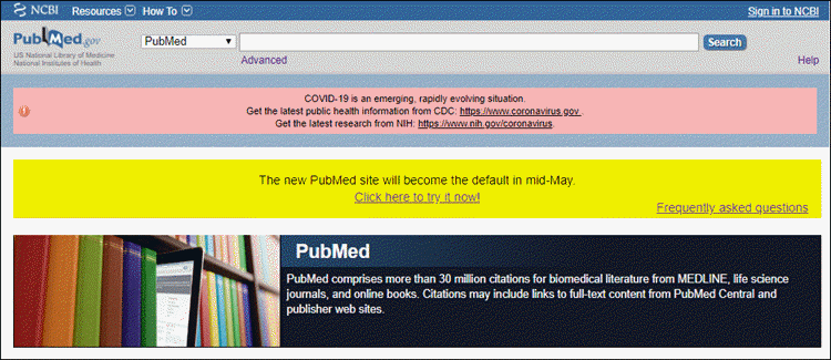screenshot of PubMed homepage.
