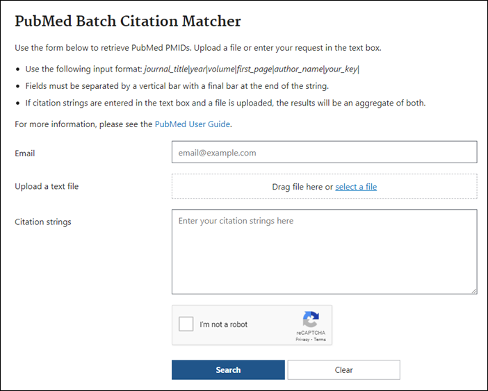 Screenshot of Batch Citation Matcher in PubMed.