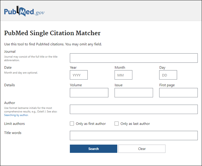 Screenshot of Single Citation Matcher in PubMed.