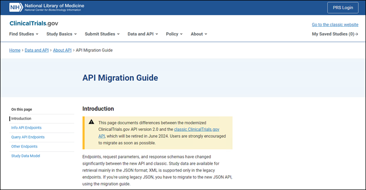 screenshot of API Migration Guide including left-hand navigation menu listing Introduction, Info API Endpoints, Qurey API Endpoints, Other Endpoints, and Study Data Model.