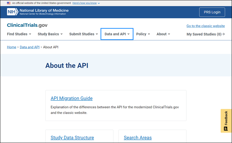 screenshot of the About the API webpage, including the link to the API Migration Guide at the top of the page.