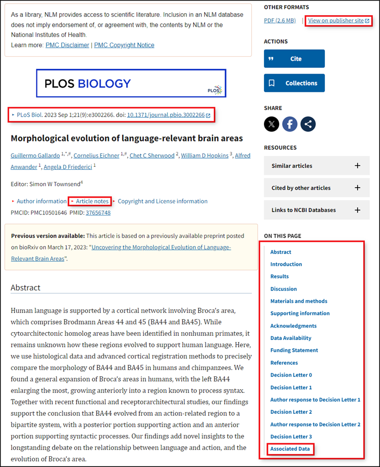 screenshot of an article from the journal, PLoS Biology, with improvements outlined in red