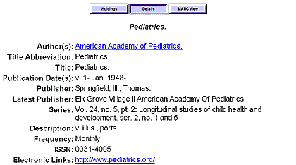 Graphic of Partial Display of LocatorPlus Details Record for the journal Pediatrics Showing Electronic Link