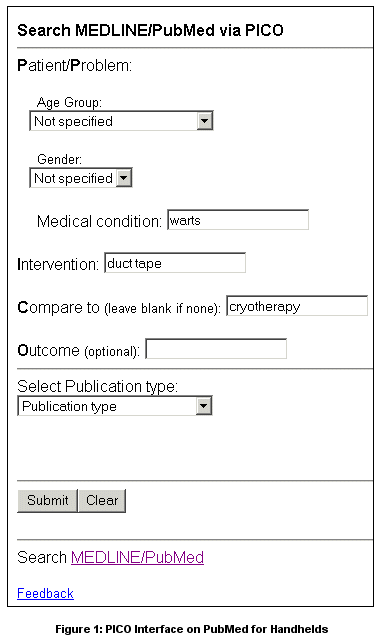 Figure 1: PICO interface on PubMed for Handhelds