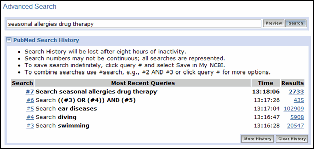 PubMed Search History.