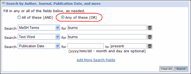 Screen capture of PubMed's Subject search using Advanced search (beta).